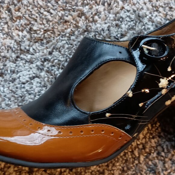 John Fluevog - Ella Baker Black Floral & Orange brogued heel with cutout - Picture 2 of 10